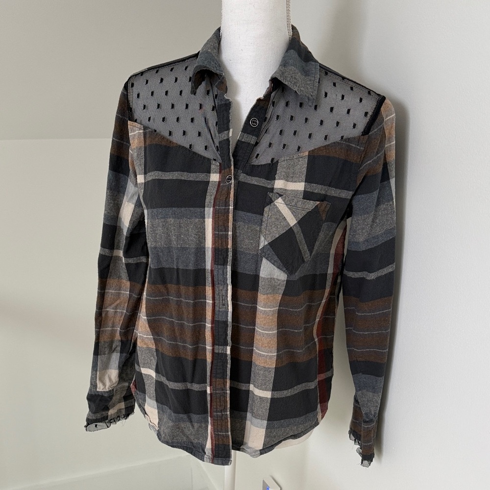 Daytrip Black and Gray Plaid Shirt with Sheer Yoke